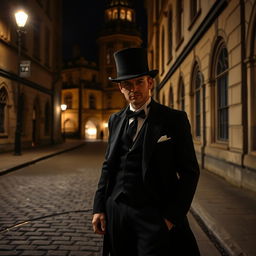 A tour guide standing outside Oxford University at night