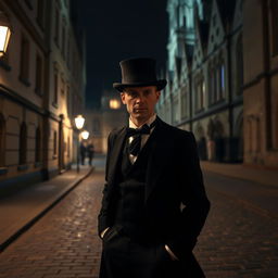 A tour guide standing outside Oxford University at night