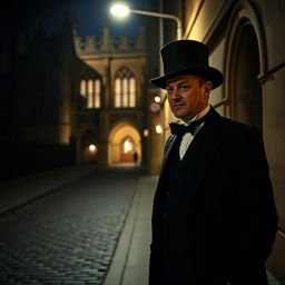 A tour guide standing outside Oxford University at night