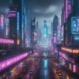 A dynamic and sprawling cyberpunk city brimming with towering neon-lit skyscrapers, holographic billboards, digital networks intertwining with physical infrastructure, and flying cars zipping through air lanes. The atmosphere is charged with electronic hum and vibrant energy echoed in every corner.