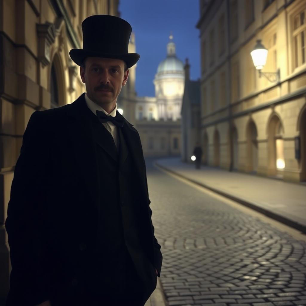 A tour guide standing outside Oxford University at night