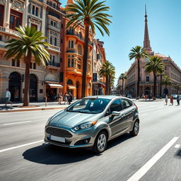 A 2016 grey Ford Fiesta navigating the bustling streets of Valencia, Spain