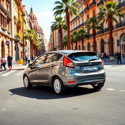 A 2016 grey Ford Fiesta navigating the bustling streets of Valencia, Spain