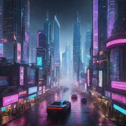 A dynamic and sprawling cyberpunk city brimming with towering neon-lit skyscrapers, holographic billboards, digital networks intertwining with physical infrastructure, and flying cars zipping through air lanes. The atmosphere is charged with electronic hum and vibrant energy echoed in every corner.