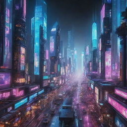 A dynamic and sprawling cyberpunk city brimming with towering neon-lit skyscrapers, holographic billboards, digital networks intertwining with physical infrastructure, and flying cars zipping through air lanes. The atmosphere is charged with electronic hum and vibrant energy echoed in every corner.