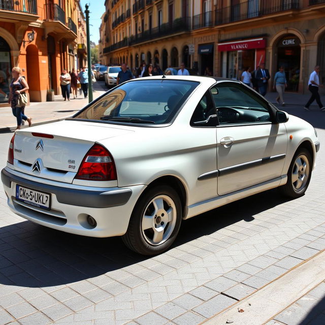 A white 2001 Citroen Saxo VTS, parked on a vibrant street in Valencia