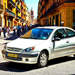 A white 2001 Citroen Saxo VTS, parked on a vibrant street in Valencia