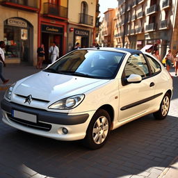 A white 2001 Citroen Saxo VTS, parked on a vibrant street in Valencia