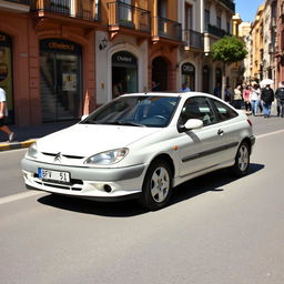 A white 2001 Citroen Saxo VTS, parked on a vibrant street in Valencia