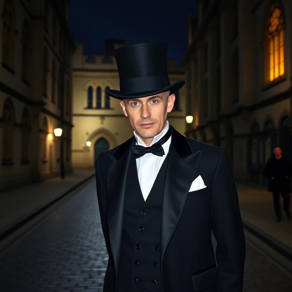 A mysterious tour guide outside Oxford University at night, standing on a cobbled street