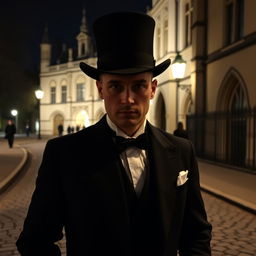 A mysterious tour guide outside Oxford University at night, standing on a cobbled street