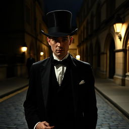 A mysterious tour guide outside Oxford University at night, standing on a cobbled street