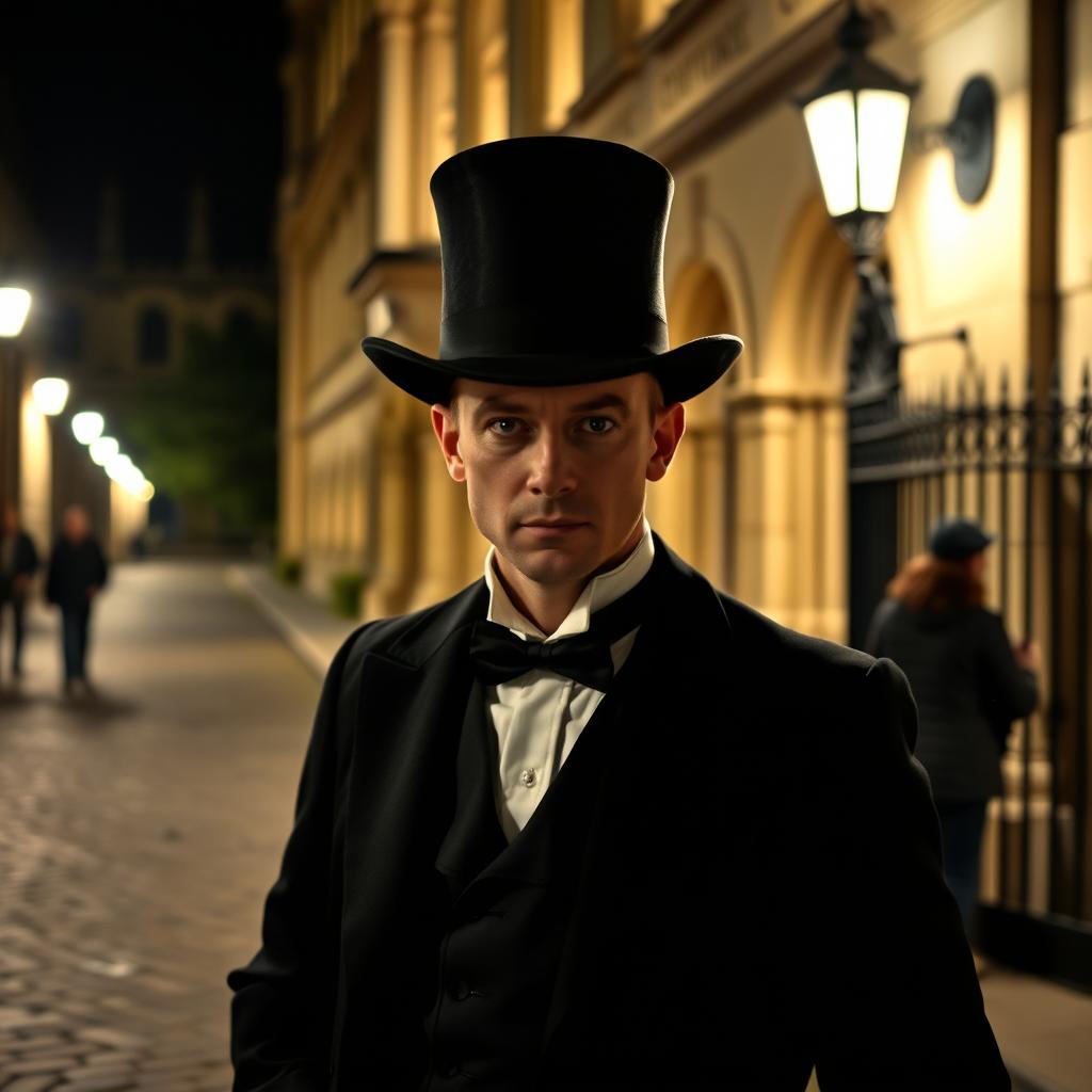 A mysterious tour guide outside Oxford University at night, standing on a cobbled street