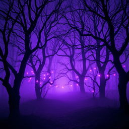 A mystical nighttime forest scene bathed in purple hues, with dry, ancient trees casting eerie shadows