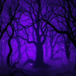 A mystical nighttime forest scene bathed in purple hues, with dry, ancient trees casting eerie shadows