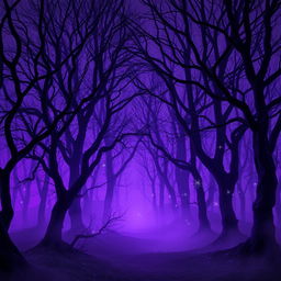 A mystical nighttime forest scene bathed in purple hues, with dry, ancient trees casting eerie shadows