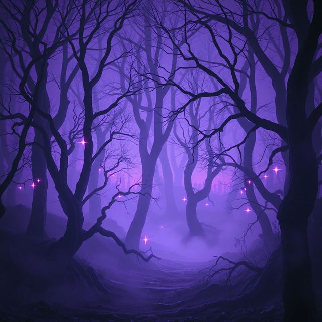 A mystical nighttime forest scene bathed in purple hues, with dry, ancient trees casting eerie shadows