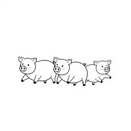 A simple black and white drawing of a group of pigs running together on a plain white background