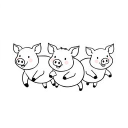 A simple black and white drawing of a group of pigs running together on a plain white background