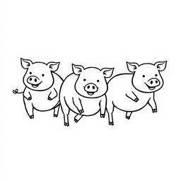 A simple black and white drawing of a group of pigs running together on a plain white background