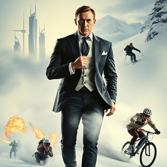 A sophisticated man resembling James Bond, wearing an elegant suit, stands confidently at the forefront