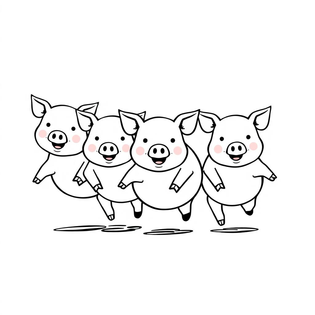 A simple black and white drawing of a group of pigs running together on a plain white background