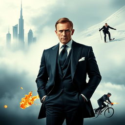 A sophisticated man resembling James Bond, wearing an elegant suit, stands confidently at the forefront