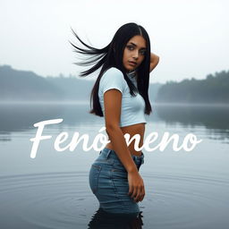 A Hispanic girl with straight black hair, wearing a white crop top and jeans, stands in a tranquil lake, flipping her hair back