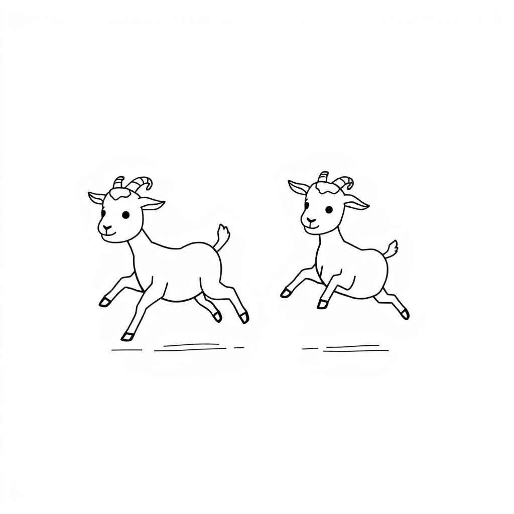 A simple black and white drawing of little goats playing tag on a plain white background