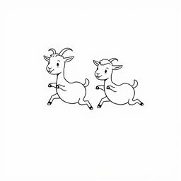 A simple black and white drawing of little goats playing tag on a plain white background