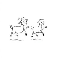 A simple black and white drawing of little goats playing tag on a plain white background