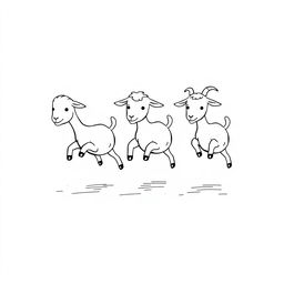 A simple black and white drawing of little goats playing tag on a plain white background