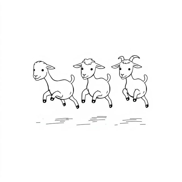 A simple black and white drawing of little goats playing tag on a plain white background