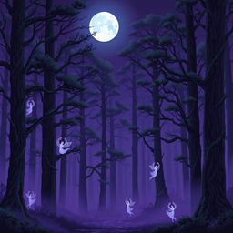 A magical forest scene rendered in pixel art style, featuring enchanting elements that create a mystical atmosphere