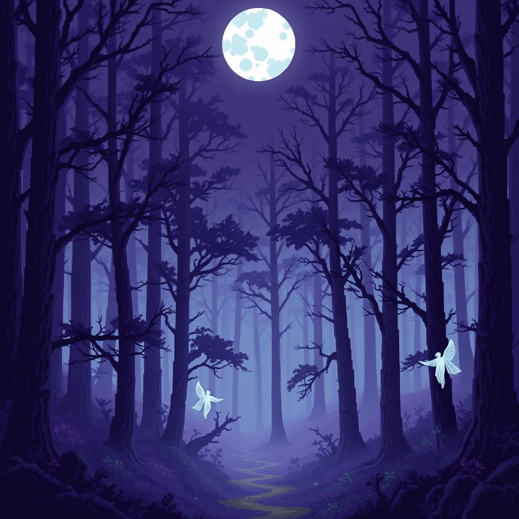 A magical forest scene rendered in pixel art style, featuring enchanting elements that create a mystical atmosphere