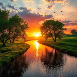 A tranquil summer landscape featuring a serene river meandering through lush green meadows under a captivating sunset