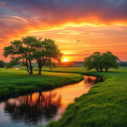 A tranquil summer landscape featuring a serene river meandering through lush green meadows under a captivating sunset