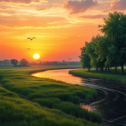 A tranquil summer landscape featuring a serene river meandering through lush green meadows under a captivating sunset