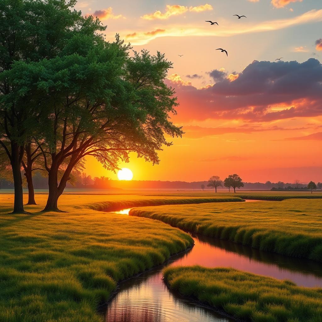 A tranquil summer landscape featuring a serene river meandering through lush green meadows under a captivating sunset