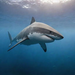 An imposing shark with a spear lodged in its head, creating a powerful image of marine life's survival and resilience against adversity.