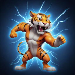 A cool cartoon tiger generating an impressive, electrifying lightning bolt