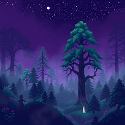 A magical forest depicted in pixel art with large, distinct pixels that create a charming vintage feel