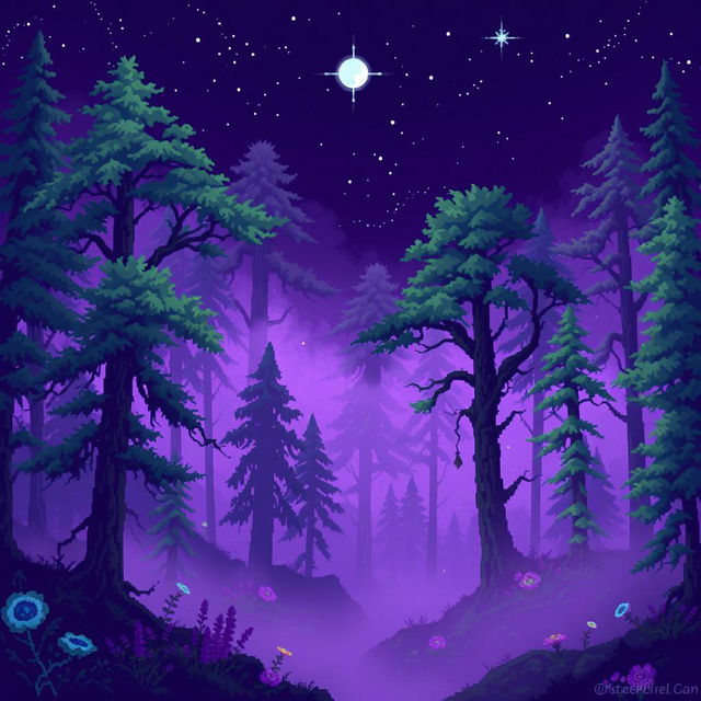 A magical forest depicted in pixel art with large, distinct pixels that create a charming vintage feel