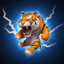 A cool cartoon tiger generating an impressive, electrifying lightning bolt