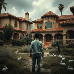 A film poster depicting an abandoned luxury residential neighborhood, with opulent yet decaying Spanish-style houses featuring terracotta roofs and arched windows