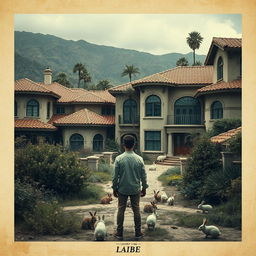 A film poster depicting an abandoned luxury residential neighborhood, with opulent yet decaying Spanish-style houses featuring terracotta roofs and arched windows