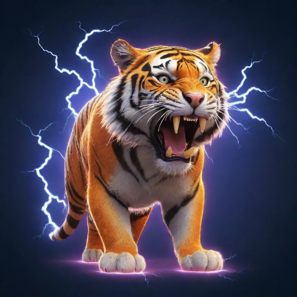 A cool cartoon tiger generating an impressive, electrifying lightning bolt