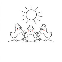 A simple black and white drawing of cute chickens basking in the sun on a plain white background