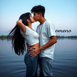 A Hispanic teenage couple stands in a tranquil lake, sharing an intimate moment