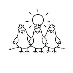 A simple black and white drawing of cute chickens basking in the sun on a plain white background